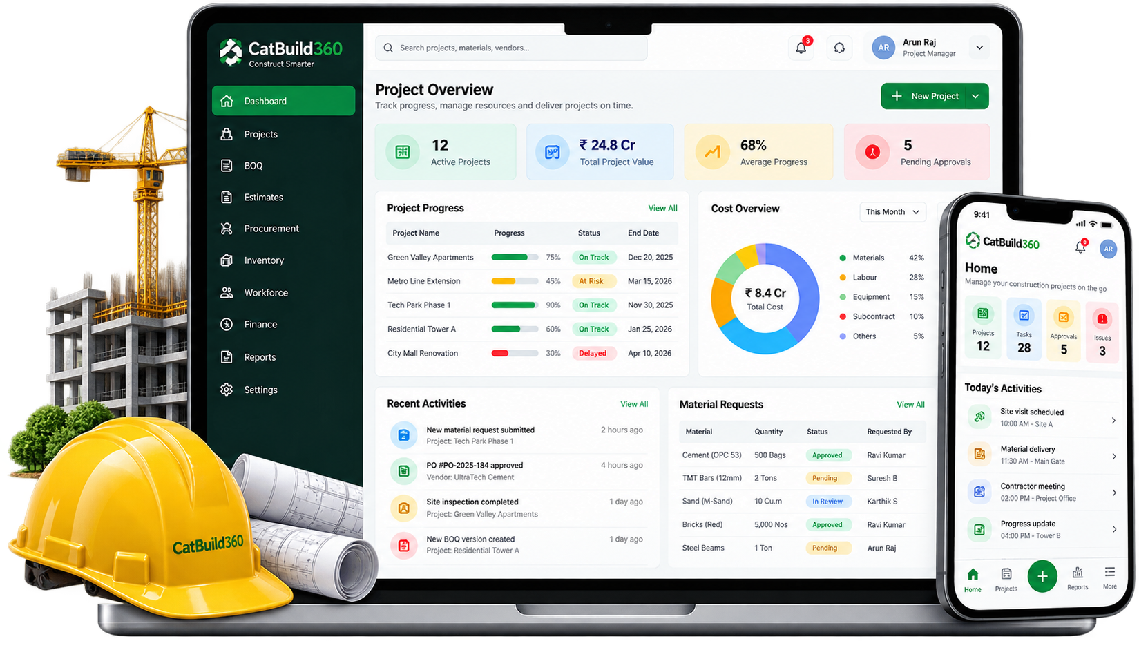 Catbuild 360 dashboard shown on laptop and mobile