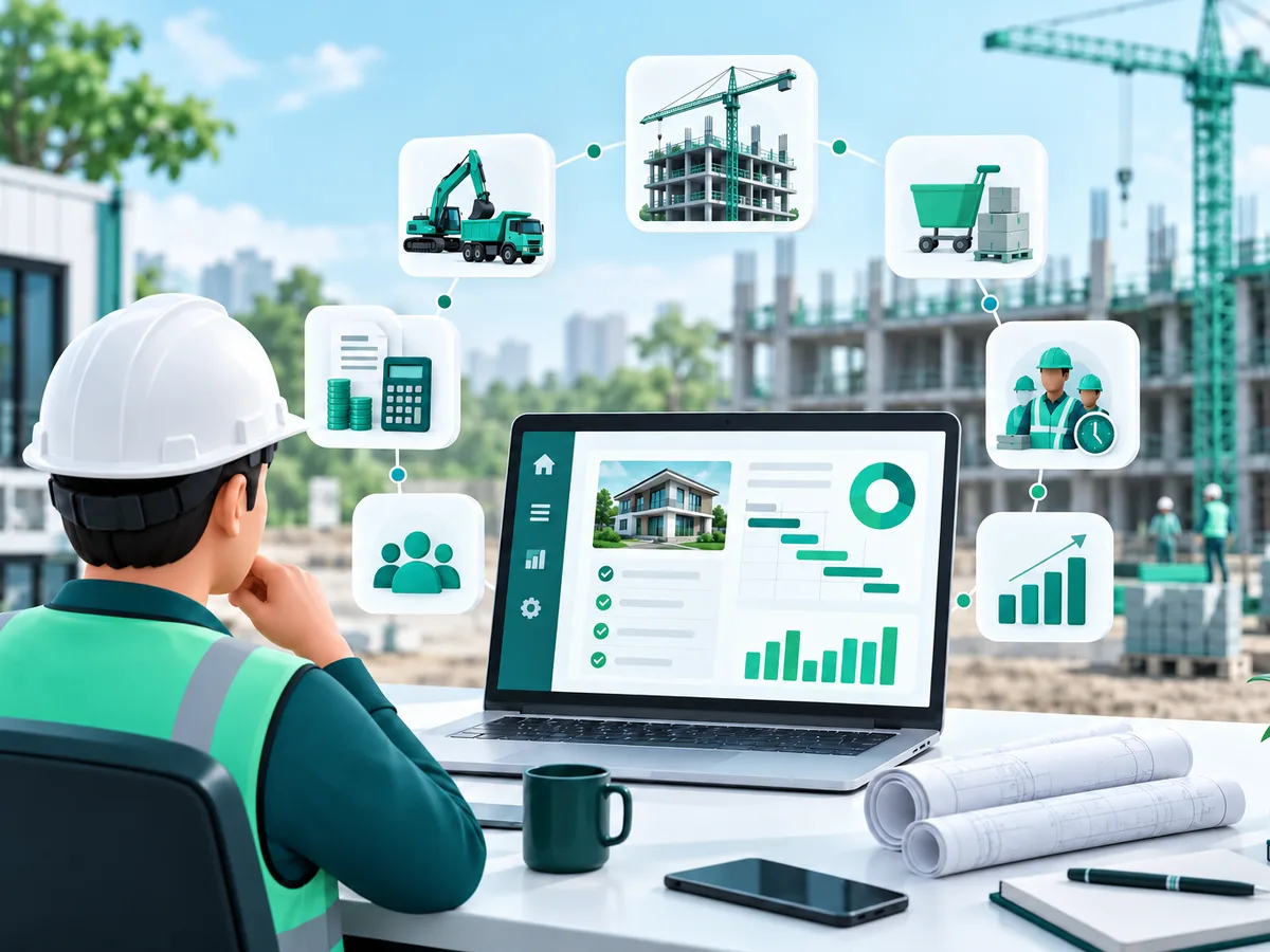Construction engineer reviewing a project dashboard with linked modules for site, procurement and workforce